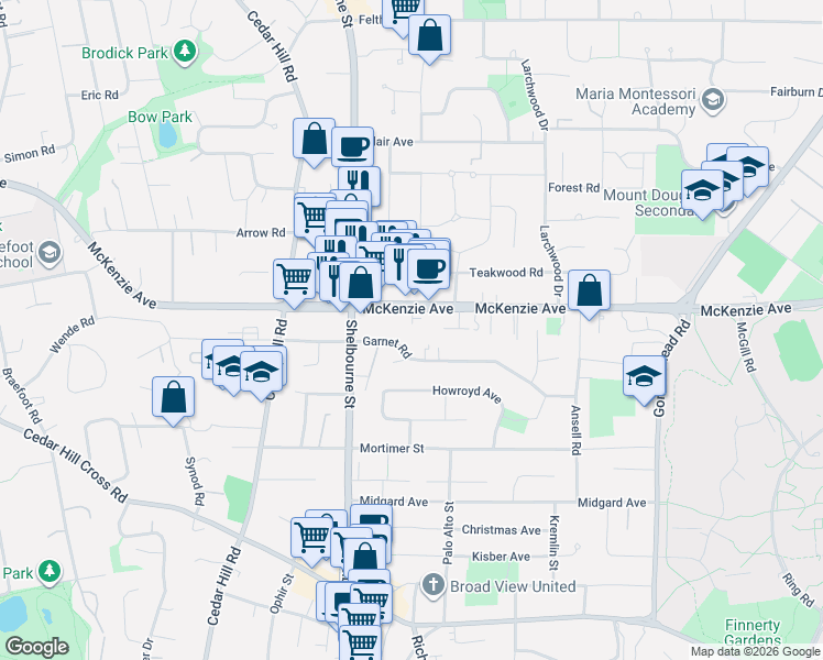 map of restaurants, bars, coffee shops, grocery stores, and more near 1641 McKenzie Avenue in Victoria