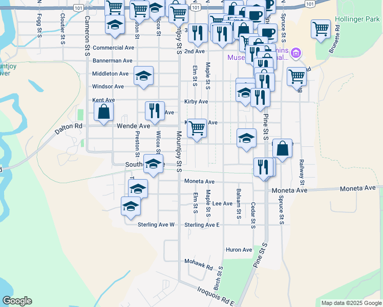 map of restaurants, bars, coffee shops, grocery stores, and more near 393 Elm Street South in Timmins