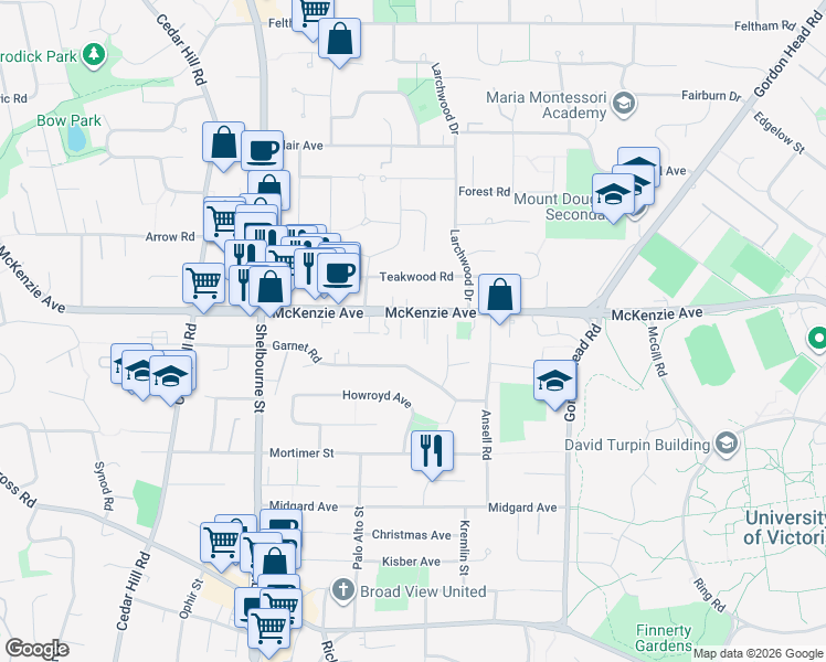 map of restaurants, bars, coffee shops, grocery stores, and more near 1741 McKenzie Avenue in Victoria