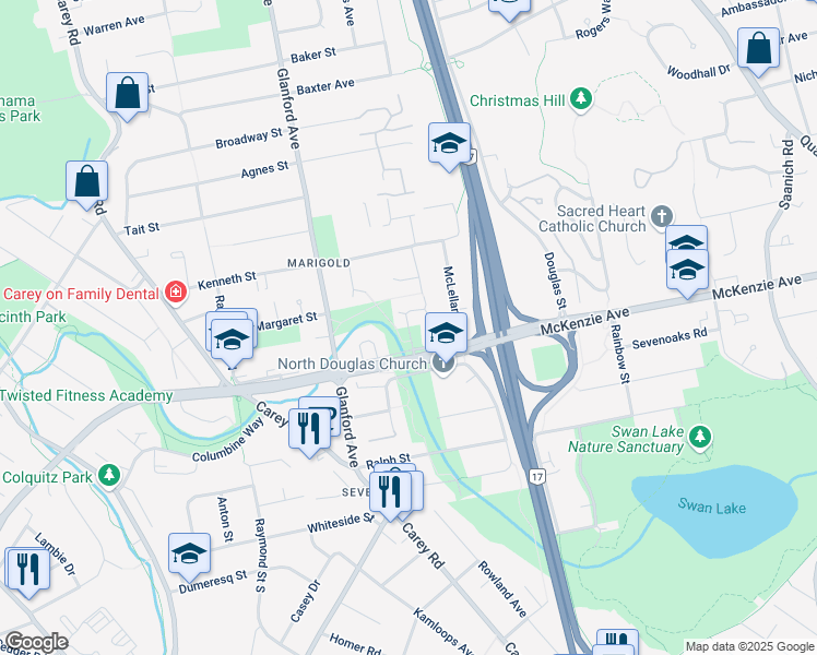 map of restaurants, bars, coffee shops, grocery stores, and more near Willowbrook Place in Victoria
