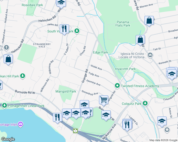 map of restaurants, bars, coffee shops, grocery stores, and more near 994 Tulip Avenue in Victoria