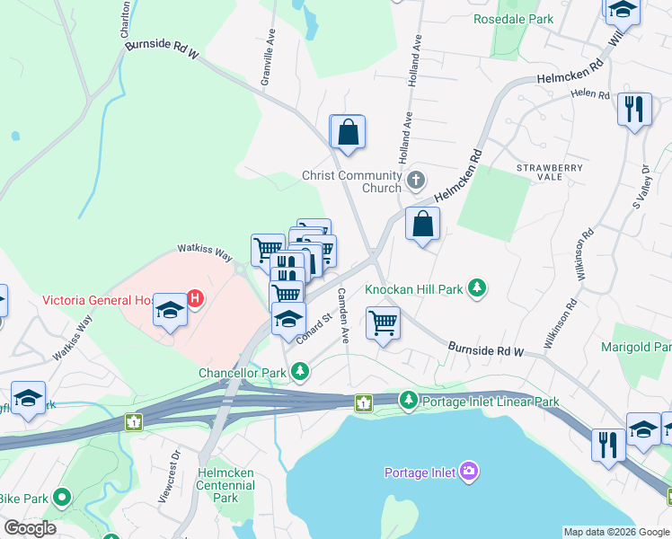 map of restaurants, bars, coffee shops, grocery stores, and more near 5 Camden Avenue in Victoria