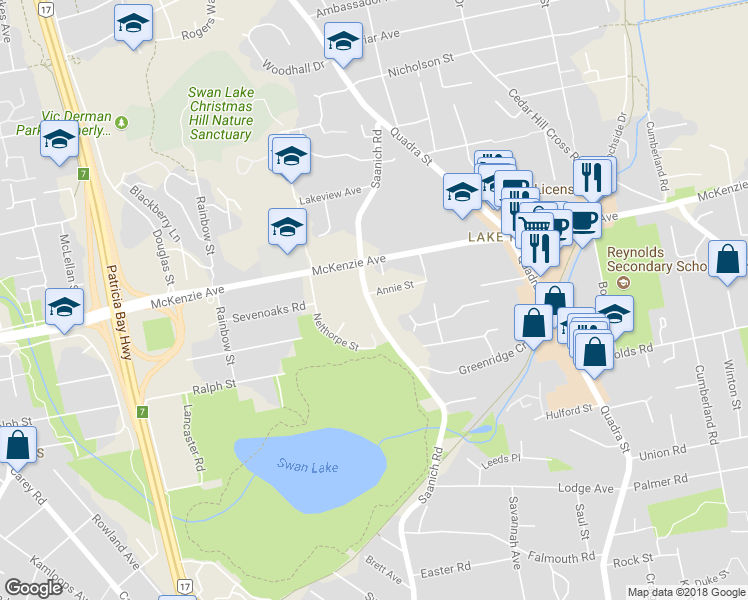 map of restaurants, bars, coffee shops, grocery stores, and more near 3979 Saanich Road in Victoria