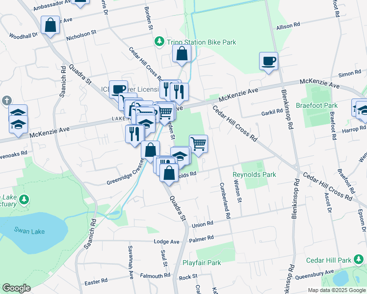 map of restaurants, bars, coffee shops, grocery stores, and more near 3963 Borden Street in Victoria