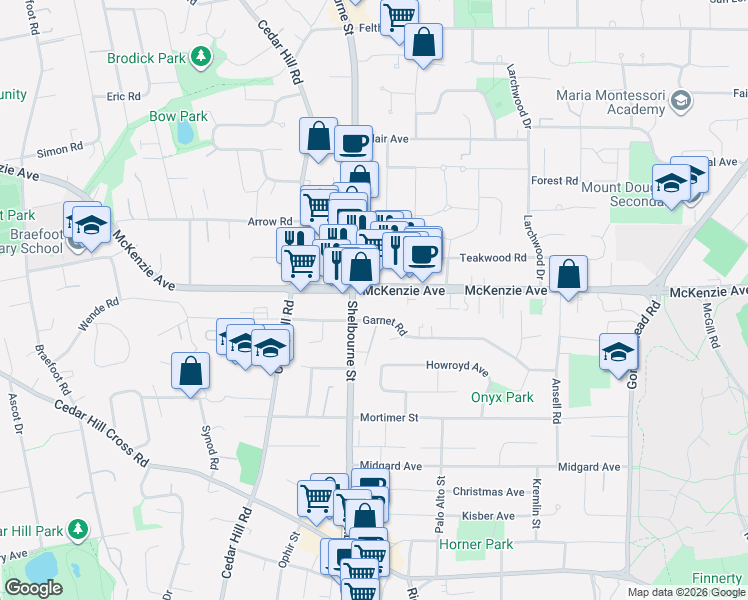 map of restaurants, bars, coffee shops, grocery stores, and more near 1623 McKenzie Avenue in Victoria