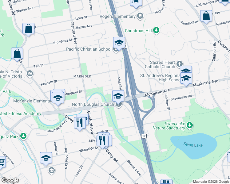 map of restaurants, bars, coffee shops, grocery stores, and more near 4066 Willowbrook Place in Victoria