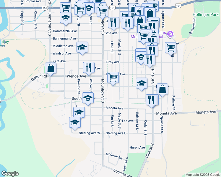 map of restaurants, bars, coffee shops, grocery stores, and more near 393 Elm Street South in Timmins