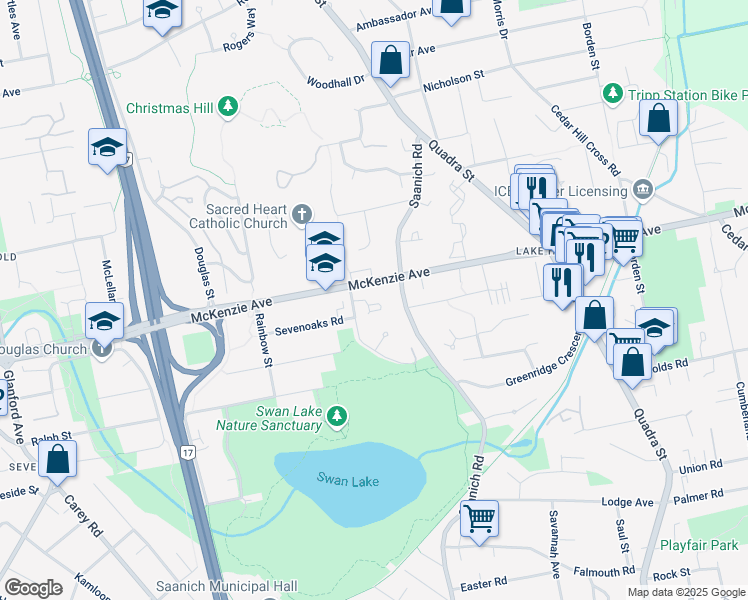 map of restaurants, bars, coffee shops, grocery stores, and more near 3981 Nelthorpe Street in Victoria