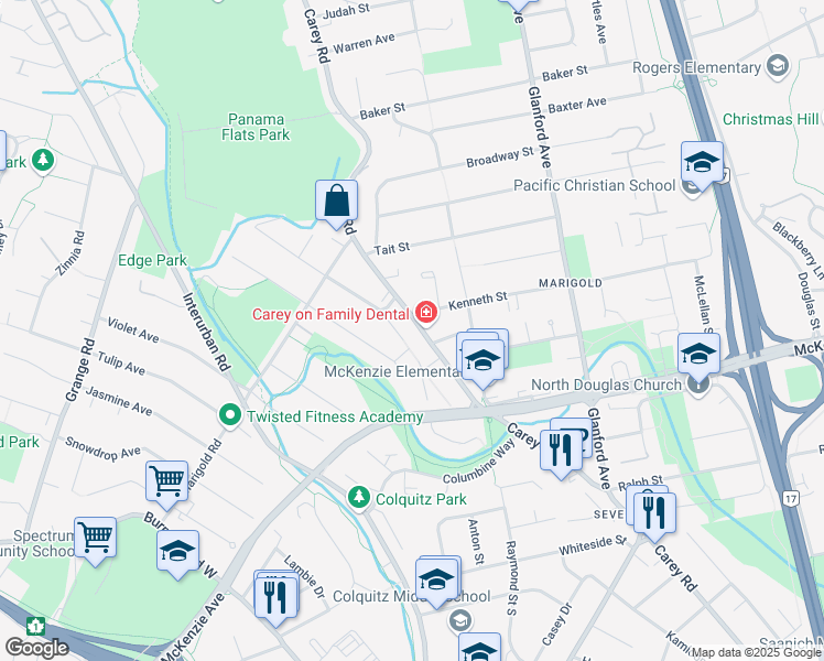 map of restaurants, bars, coffee shops, grocery stores, and more near 4040 Carey Road in Victoria