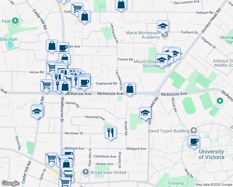 map of restaurants, bars, coffee shops, grocery stores, and more near 1787 McKenzie Avenue in Victoria