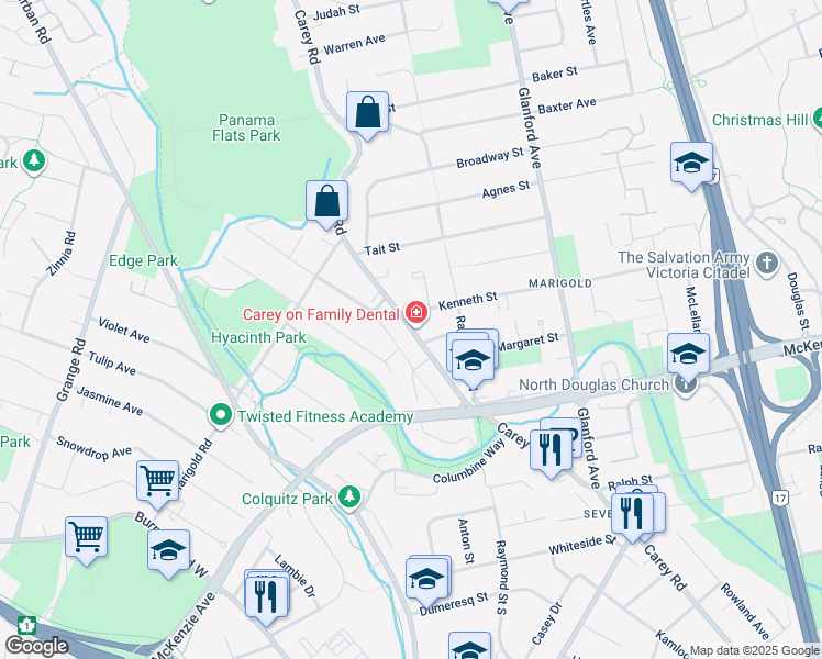 map of restaurants, bars, coffee shops, grocery stores, and more near Carey Road in Victoria