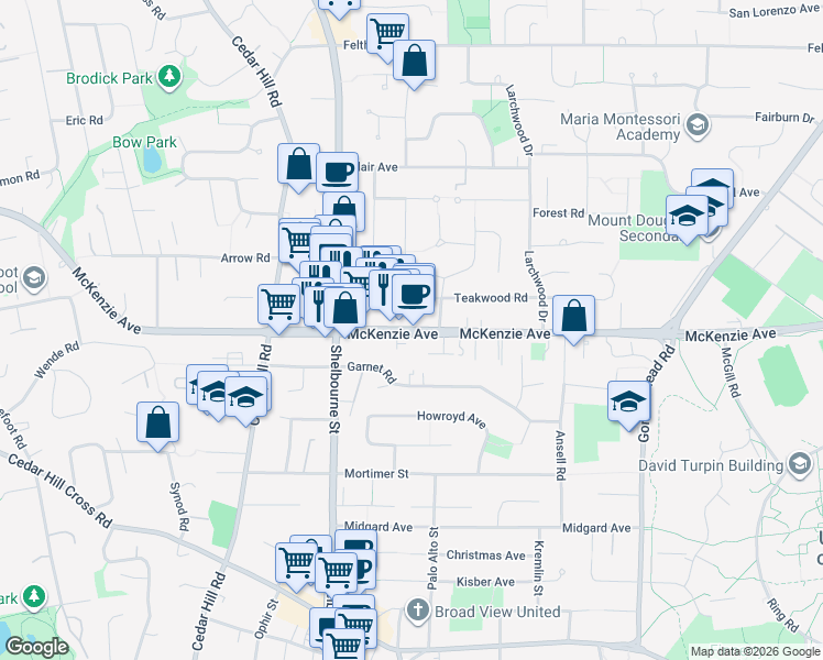 map of restaurants, bars, coffee shops, grocery stores, and more near McKenzie Avenue in Victoria