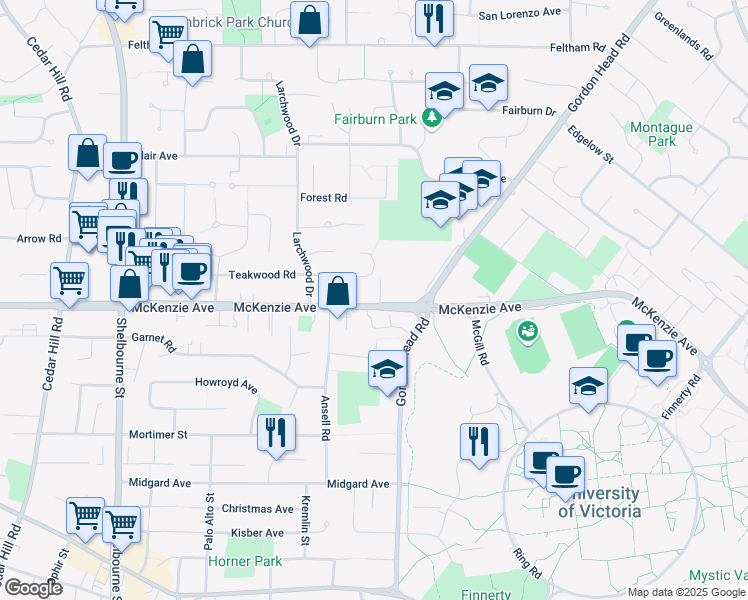 map of restaurants, bars, coffee shops, grocery stores, and more near 1840 McKenzie Avenue in Victoria