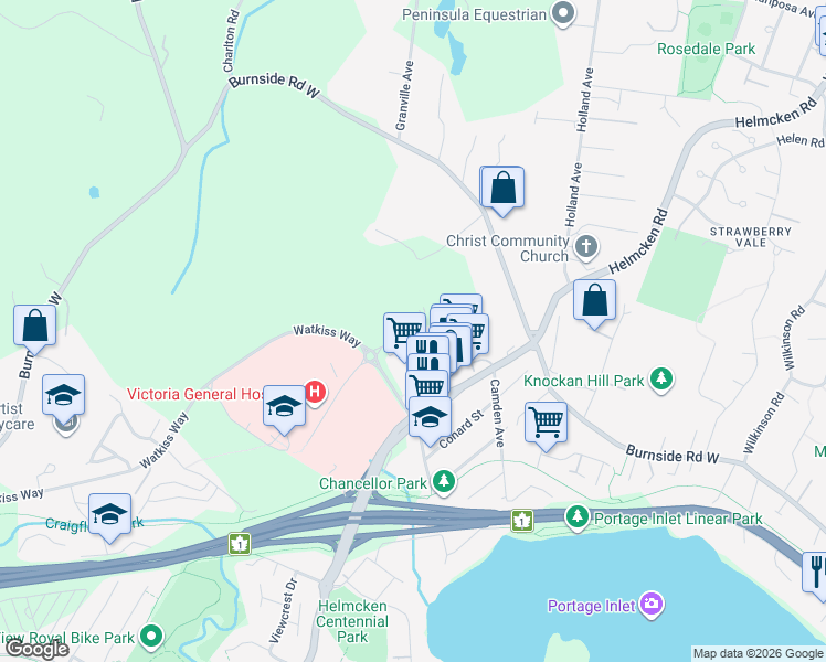map of restaurants, bars, coffee shops, grocery stores, and more near 2 Watkiss Way in Victoria