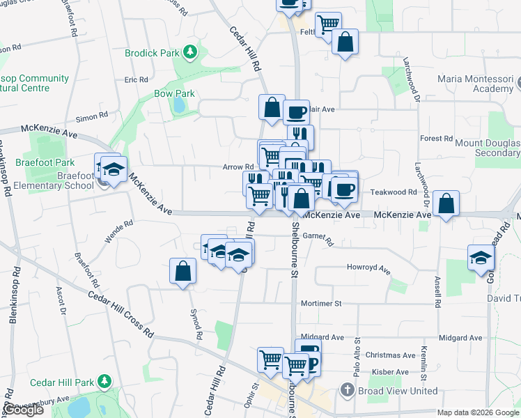 map of restaurants, bars, coffee shops, grocery stores, and more near 1520 McKenzie Avenue in Victoria