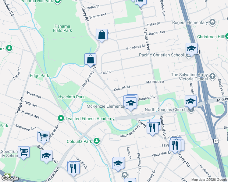 map of restaurants, bars, coffee shops, grocery stores, and more near 4045 Carey Road in Victoria