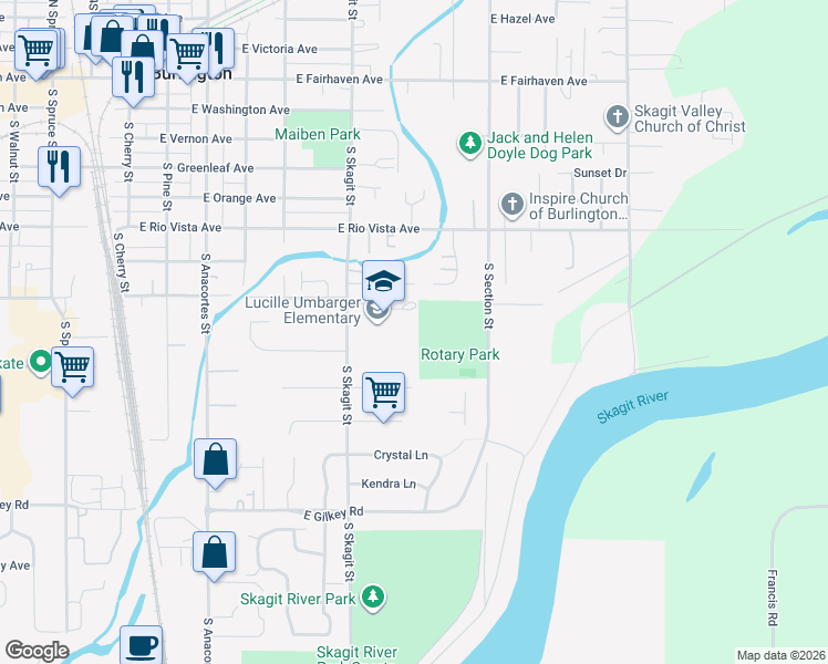 map of restaurants, bars, coffee shops, grocery stores, and more near 820 South Skagit Street in Burlington