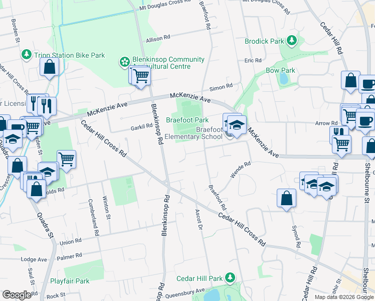 map of restaurants, bars, coffee shops, grocery stores, and more near 3 Harrop Road in Victoria
