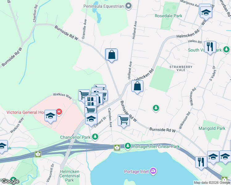 map of restaurants, bars, coffee shops, grocery stores, and more near 1480 Burnside Road West in Victoria