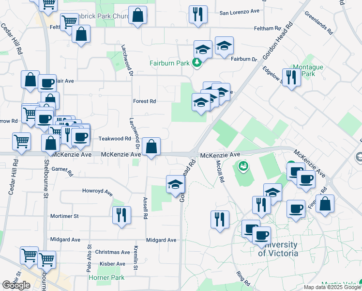 map of restaurants, bars, coffee shops, grocery stores, and more near 1829 Teakwood Road in Victoria