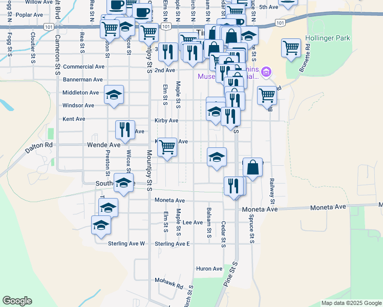 map of restaurants, bars, coffee shops, grocery stores, and more near 339 Birch Street South in Timmins