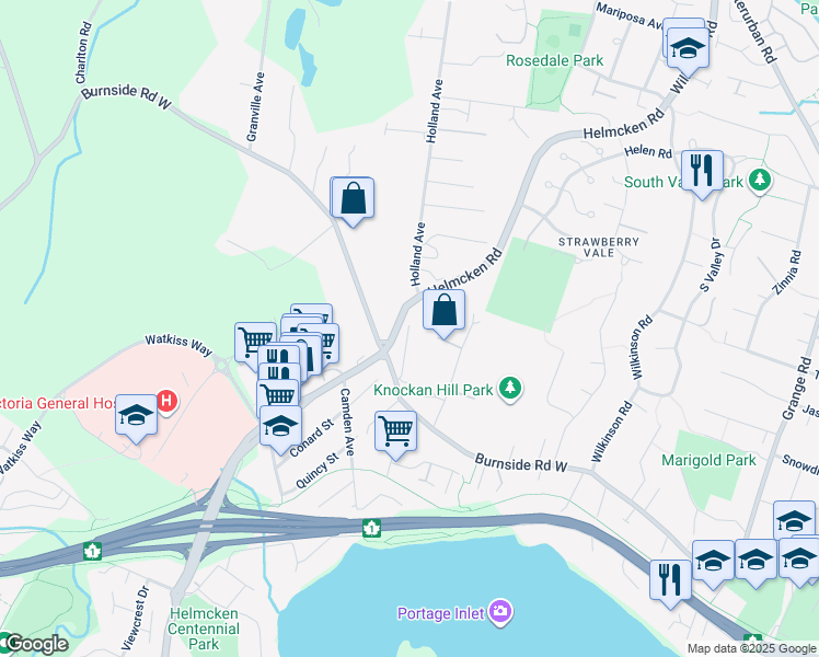 map of restaurants, bars, coffee shops, grocery stores, and more near 3877 Holland Avenue in Victoria