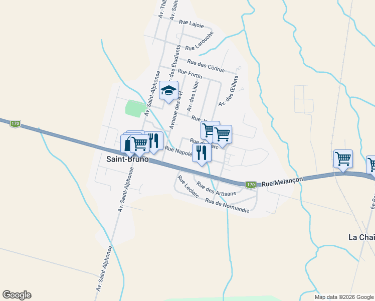 map of restaurants, bars, coffee shops, grocery stores, and more near 255 Rue Napoléon in Saint-Bruno