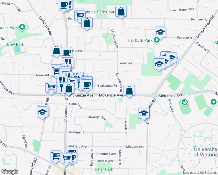 map of restaurants, bars, coffee shops, grocery stores, and more near 1745 Teakwood Road in Victoria