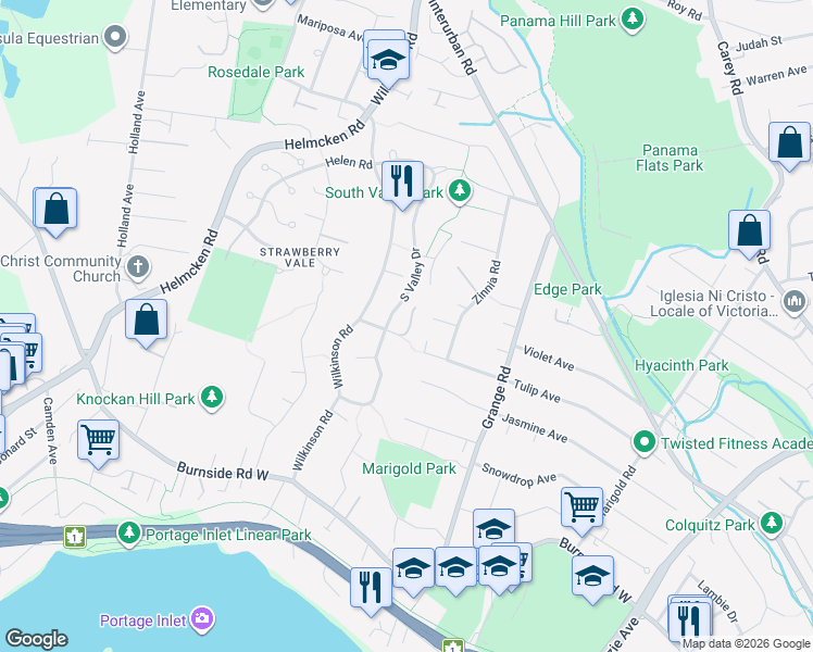 map of restaurants, bars, coffee shops, grocery stores, and more near 1100 Tulip Avenue in Victoria