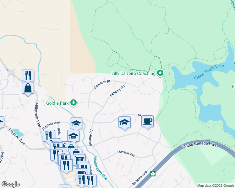 map of restaurants, bars, coffee shops, grocery stores, and more near 2153 Bellamy Road in Victoria