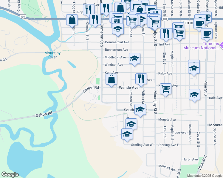 map of restaurants, bars, coffee shops, grocery stores, and more near 223 Wende Avenue in Timmins