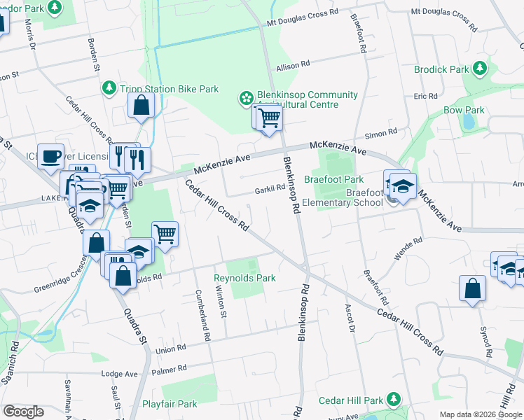 map of restaurants, bars, coffee shops, grocery stores, and more near 3948 Margot Place in Victoria