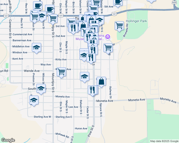 map of restaurants, bars, coffee shops, grocery stores, and more near 319 Pine Street South in Timmins