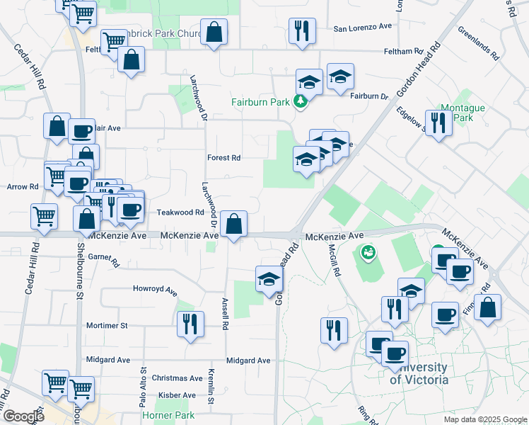 map of restaurants, bars, coffee shops, grocery stores, and more near 1829 Teakwood Road in Victoria