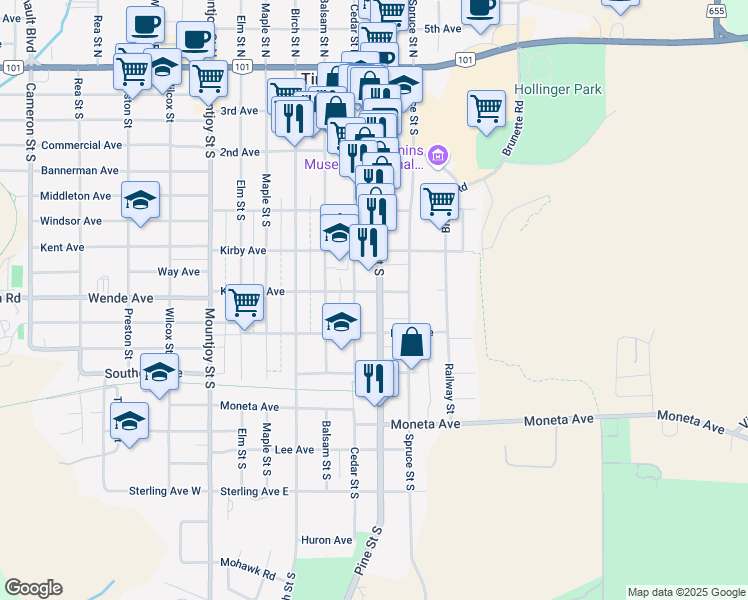 map of restaurants, bars, coffee shops, grocery stores, and more near 319 Pine Street South in Timmins