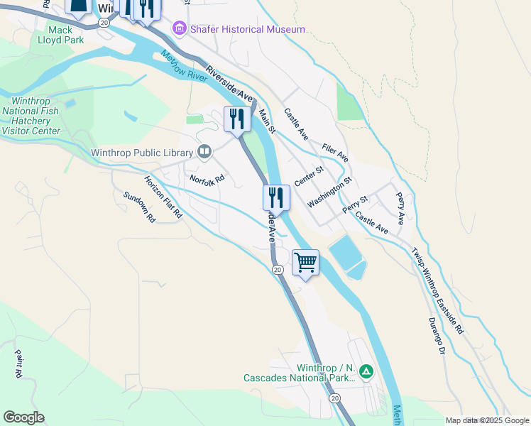 map of restaurants, bars, coffee shops, grocery stores, and more near 709 State Route 20 in Winthrop