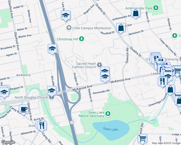 map of restaurants, bars, coffee shops, grocery stores, and more near 4045 Rainbow Street in Victoria
