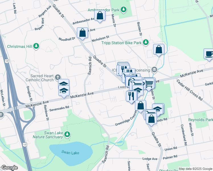 map of restaurants, bars, coffee shops, grocery stores, and more near 1002 McKenzie Avenue in Victoria
