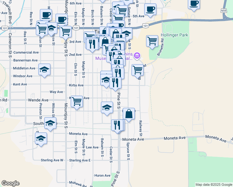 map of restaurants, bars, coffee shops, grocery stores, and more near 319 Pine Street South in Timmins