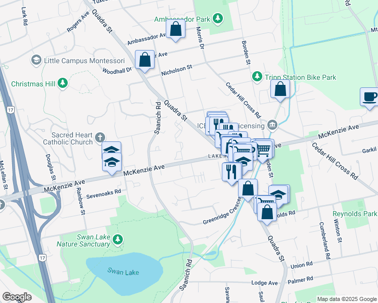 map of restaurants, bars, coffee shops, grocery stores, and more near 1002 McKenzie Avenue in Victoria