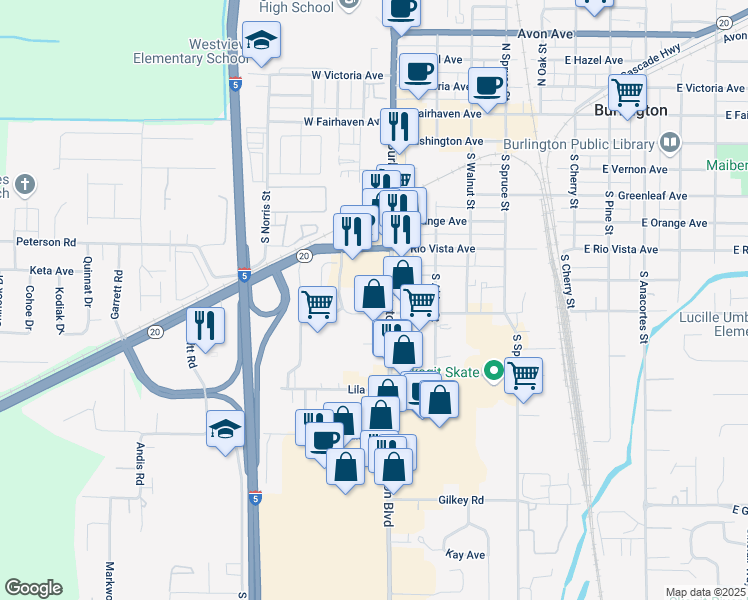 map of restaurants, bars, coffee shops, grocery stores, and more near 711 Haggen Drive in Burlington