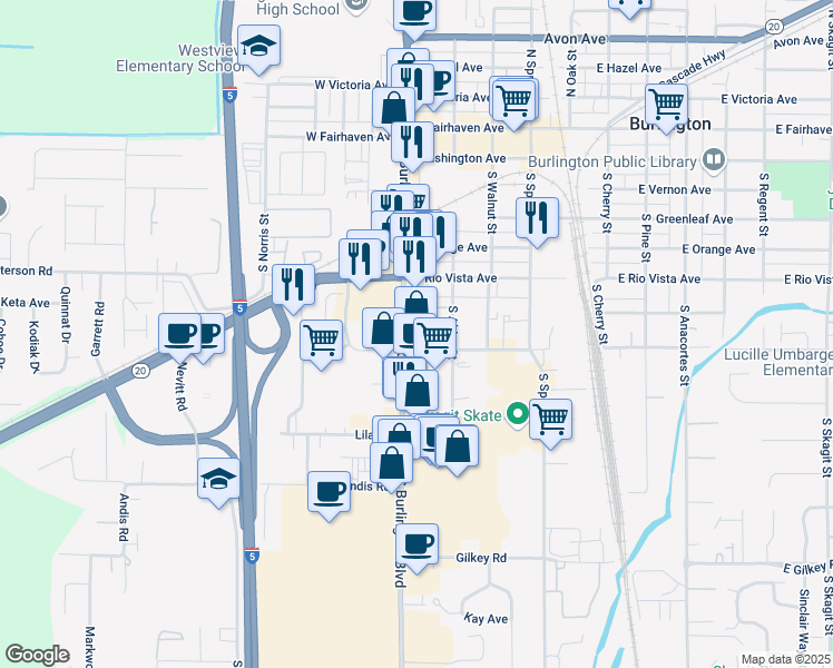 map of restaurants, bars, coffee shops, grocery stores, and more near 684 South Burlington Boulevard in Burlington