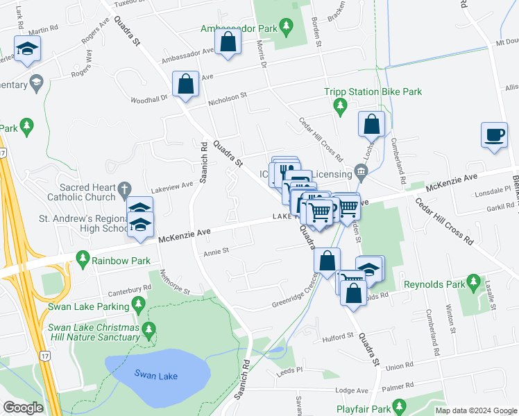 map of restaurants, bars, coffee shops, grocery stores, and more near 4026 Quadra Street in Victoria