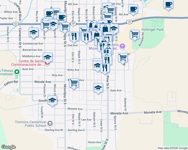map of restaurants, bars, coffee shops, grocery stores, and more near Balsam Street South in Timmins