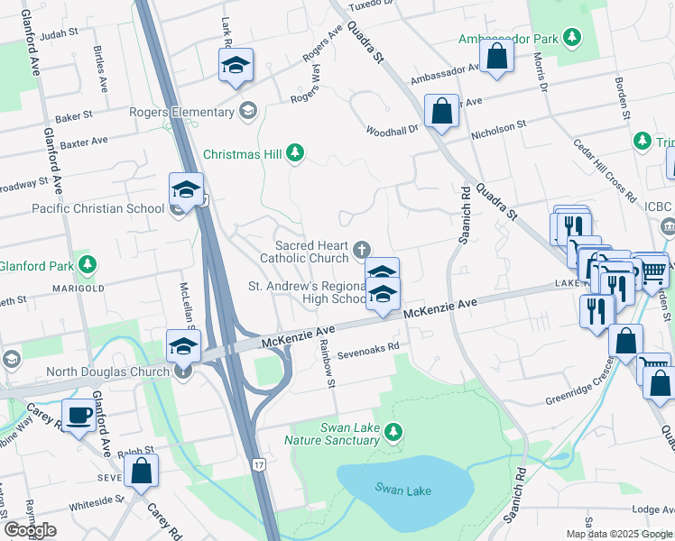 map of restaurants, bars, coffee shops, grocery stores, and more near 4045 Rainbow Street in Victoria