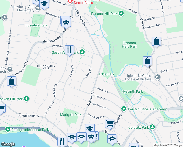 map of restaurants, bars, coffee shops, grocery stores, and more near 4040 Zinnia Road in Victoria
