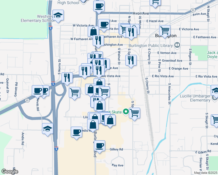 map of restaurants, bars, coffee shops, grocery stores, and more near 627 South Alder Street in Burlington