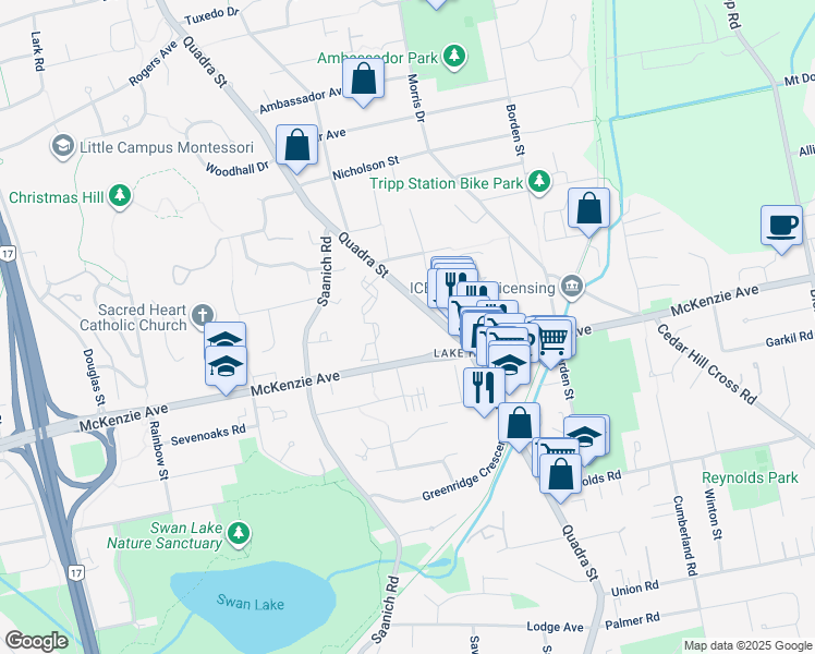 map of restaurants, bars, coffee shops, grocery stores, and more near 4026 Quadra Street in Victoria