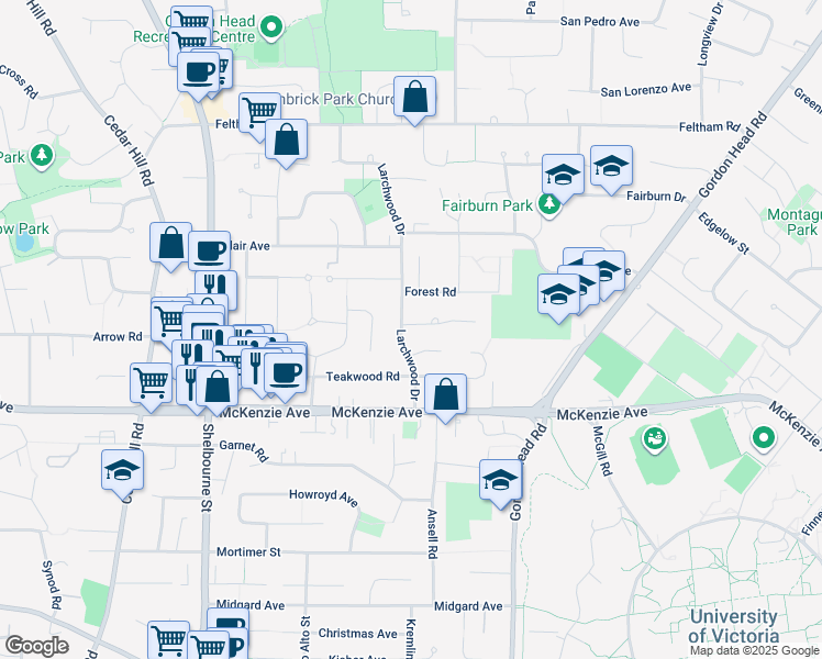 map of restaurants, bars, coffee shops, grocery stores, and more near 1777 Hartwood Place in Victoria