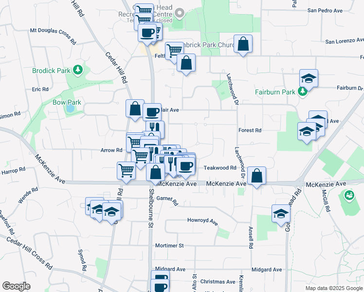 map of restaurants, bars, coffee shops, grocery stores, and more near 3958 Oakwood Street in Victoria